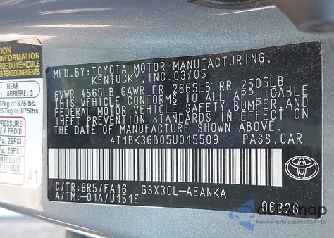 2005 Toyota Avalon Xl from USA, damaged, VIN 4T1BK36B05U015509